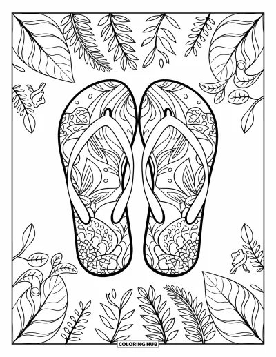 Coloriage de plages estivale pour adultes : Des tongs à motifs botaniques entourées de feuilles et de lianes