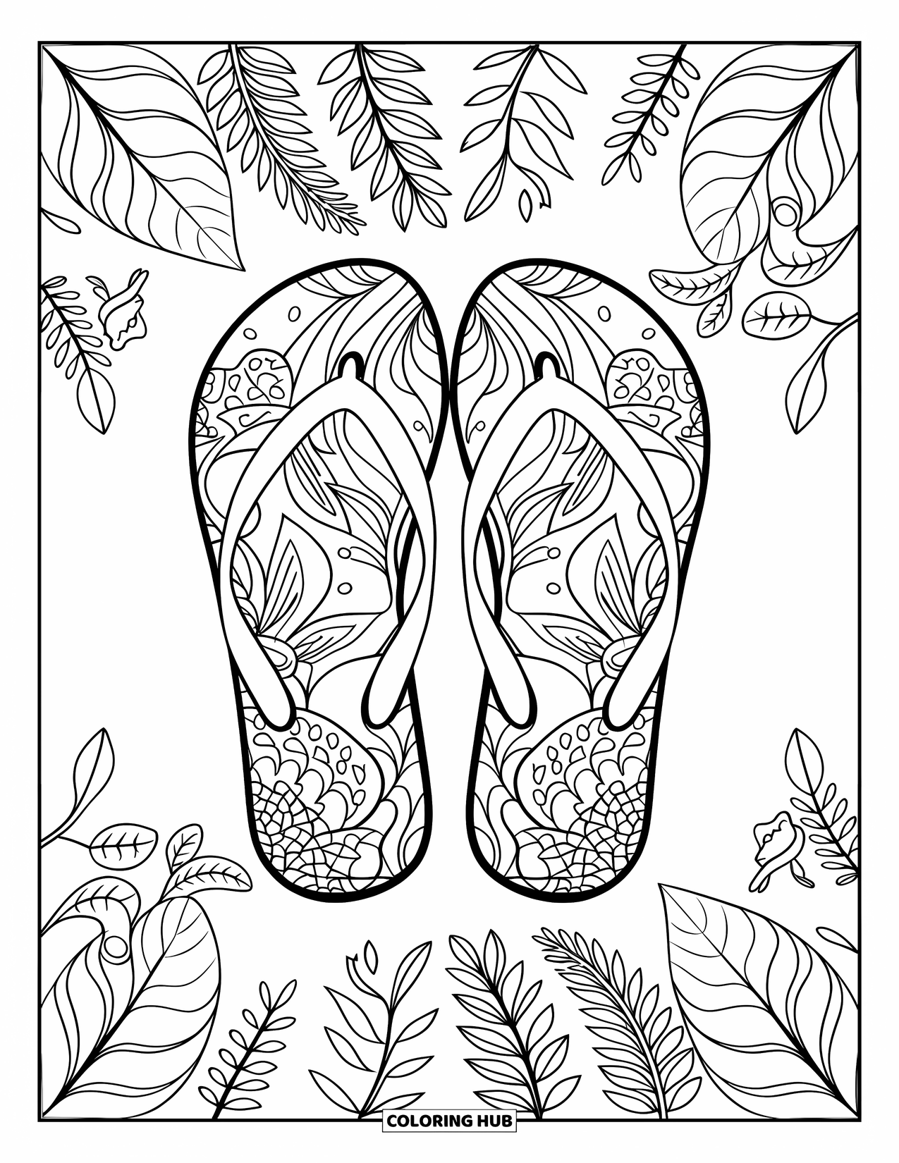 Beach Summer Coloring Page for Adults: Botanical-patterned flip-flops surrounded by leaves and vines