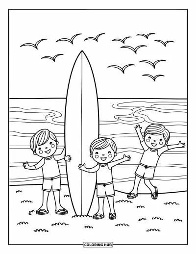 Coloriage de plages estivale pour adultes : Des enfants jouant près d'une planche de surf tandis que les vagues déroulent derrière eux