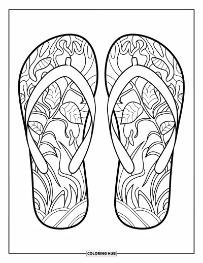Coloriage de plages estivale pour adultes : Des tongs ornées de fleurs et de lianes dans un style tropical