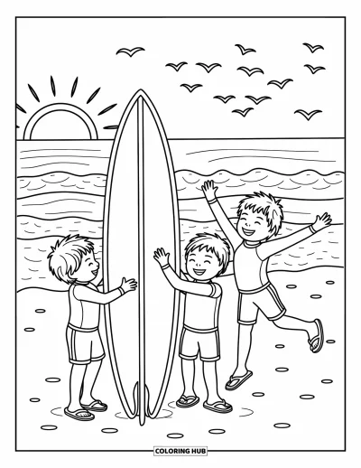 Coloriage de plages estivale pour adultes : Trois enfants jouant avec une planche de surf sur la plages ensoleillée, des oiseaux en vol au-dessus