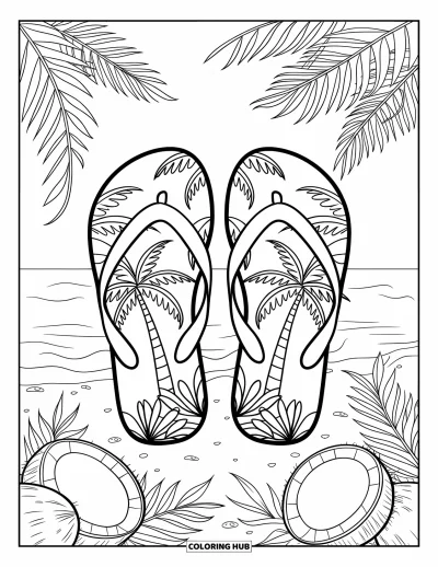 Coloriage de plages estivale pour adultes : Des tongs tropicales entourées de palmiers, de noix de coco et de vagues de plages