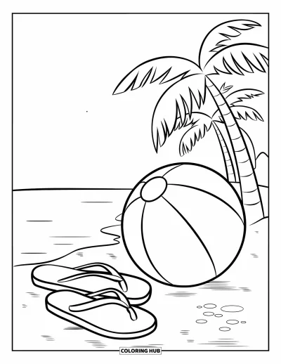Coloriage de plages estivale pour enfants : Un ballon de plages et des tongs sur le sable sous un ciel bleu limpide