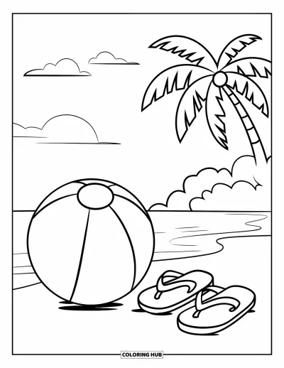 Coloriage de plages estivale pour enfants : Un ballon de plages et des tongs posés sur le sable doux de l'été
