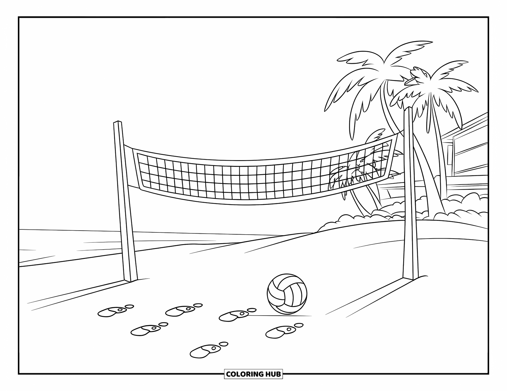 Beach Summer Coloring Page for Kids: A beach volleyball net surrounded by palm trees and sunshine