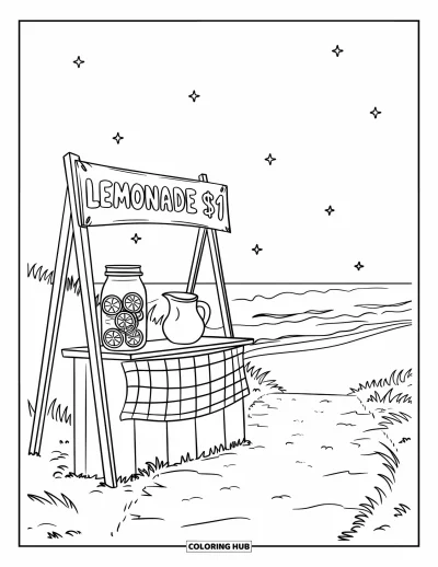 Coloriage de plages estivale pour enfants : Un stand de limonade en bord de plages avec une carafe et un ciel d'été lumineux