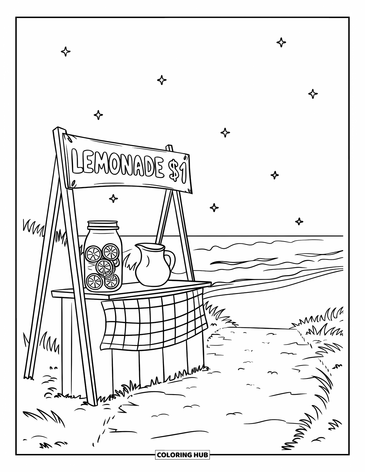 Beach Summer Coloring Page for Kids: A beachside lemonade stand with a pitcher and bright summer sky