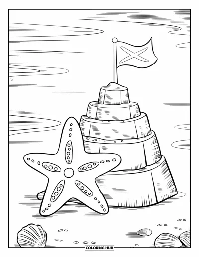 Coloriage de plages estivale pour enfants : Une grande étoile de mer à côté d'un château de sable avec un drapeau qui flotte