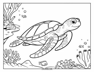 Coloriage de plages estivale pour enfants : Une tortue de mer sereine nageant parmi les coraux et les poissons dans une eau cristalline