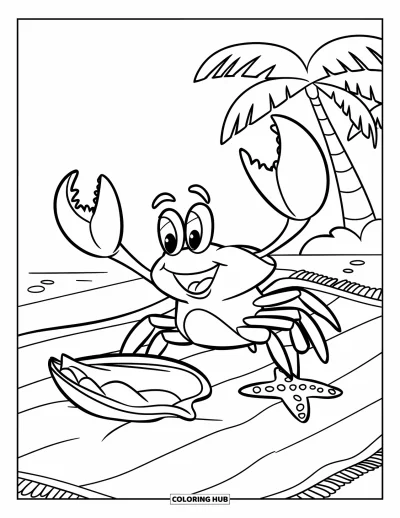 Coloriage de plages estivale pour enfants : Un crabe joyeux agitant la pince à côté d'une étoile de mer sur une serviette de plages