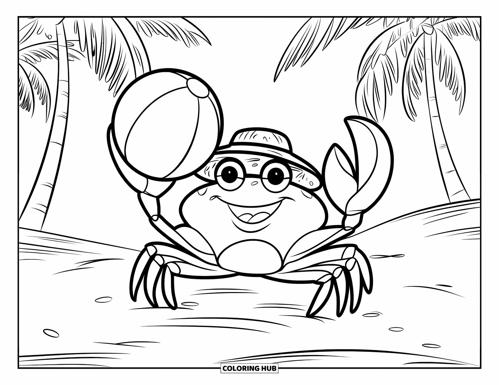 Beach Summer Coloring Page for Kids: A cheerful crab with a straw hat holding a beach ball