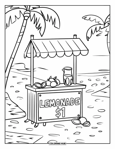 Coloriage de plages estivale pour enfants : Un stand de limonade animé le long d'un chemin de plages ensoleillé