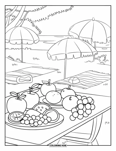Coloriage de plages estivale pour enfants : Une table de pique-nique bien garnie de fruits et de gourmandises estivales