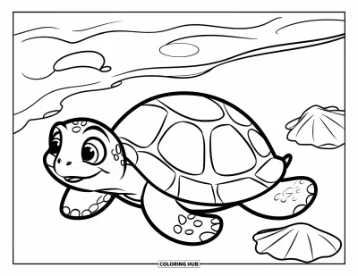 Coloriage de plages estivale pour enfants : Une tortue enjouée se promenant sur une plages baignée de soleil