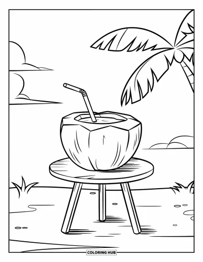 Coloriage de plages estivale pour enfants : Une boisson à la noix de coco sur une petite table au bord du rivage ensoleillé
