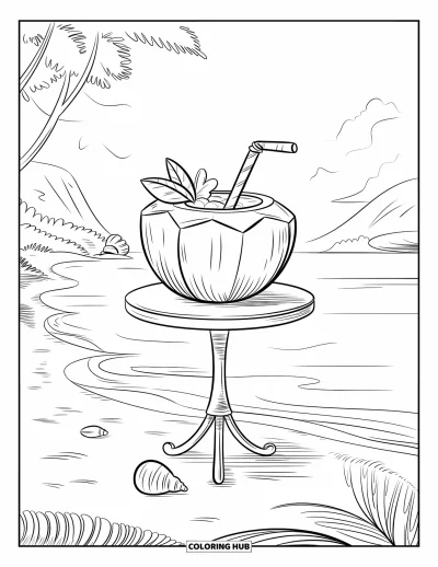 Coloriage de plages estivale pour enfants : Une boisson à la noix de coco posée sur une table de plages près de la mer