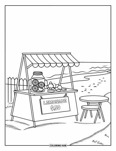 Coloriage de plages estivale pour enfants : Un adorable stand de limonade avec des citrons, des pièces et un chemin de sable