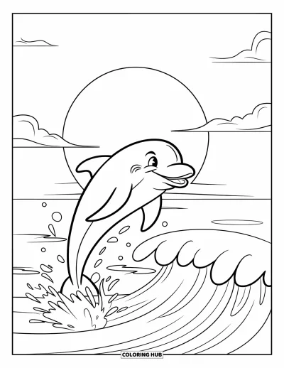 Coloriage de plages estivale pour enfants : Un dauphin bondissant très haut au-dessus des vagues au coucher du soleil