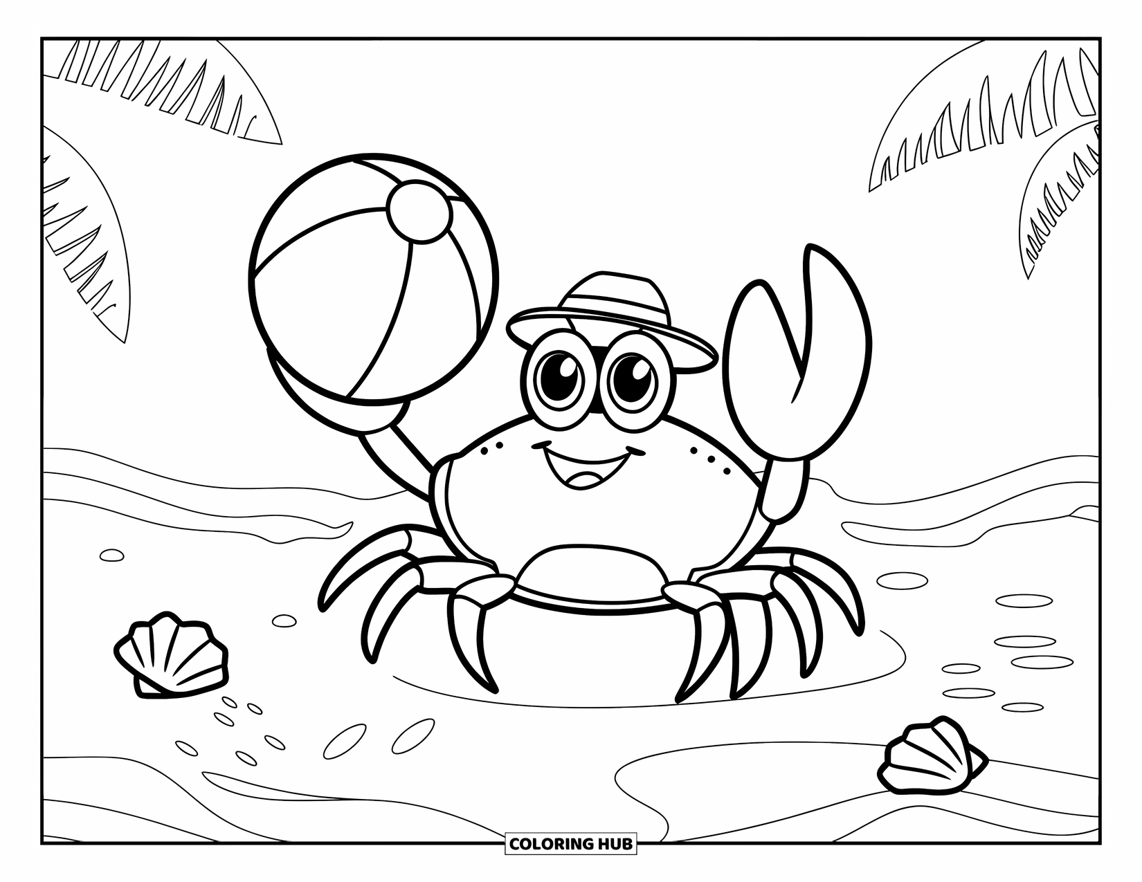 Beach Summer Coloring Page for Kids: A happy crab holding a beach ball with seashells all around