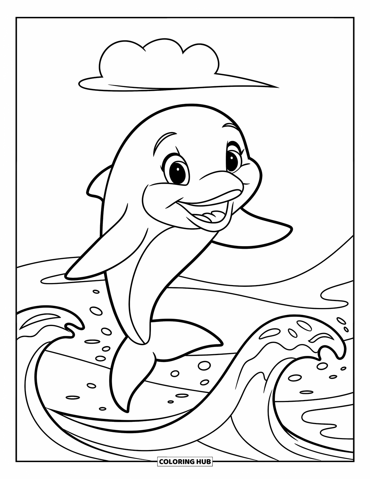 Beach Summer Coloring Page for Kids: A happy dolphin jumping over splashing summer waves