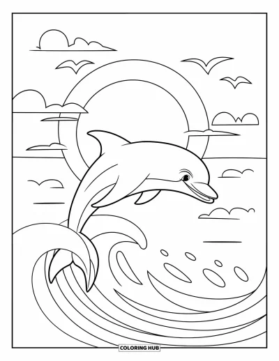 Coloriage de plages estivale pour enfants : Un dauphin joyeux bondissant par-dessus les vagues au coucher du soleil