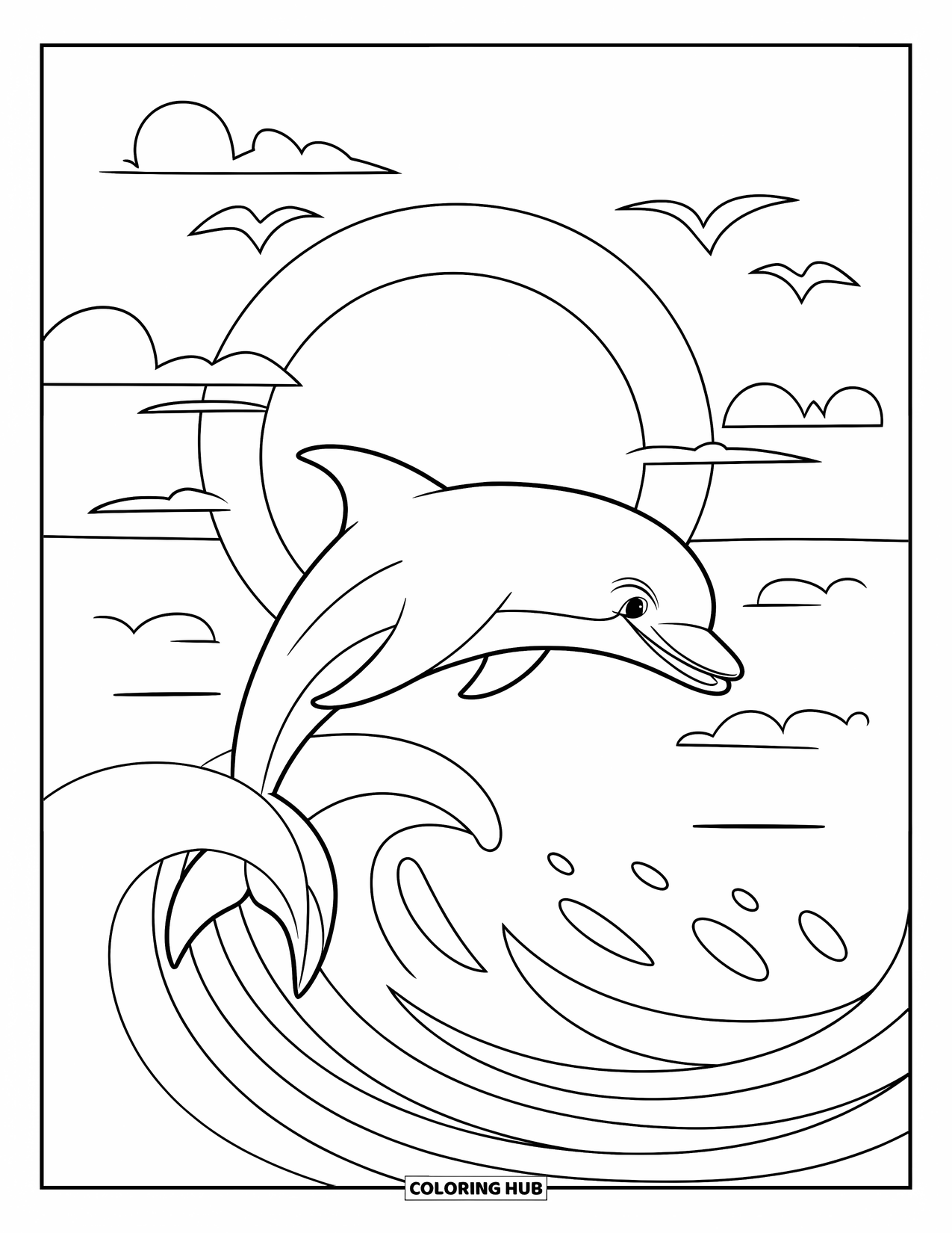 Beach Summer Coloring Page for Kids: A happy dolphin leaping over waves as the sun sets