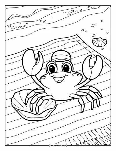 Coloriage de plages estivale pour enfants : Un petit crabe heureux qui agite la pince à côté d'un coquillage sur une serviette