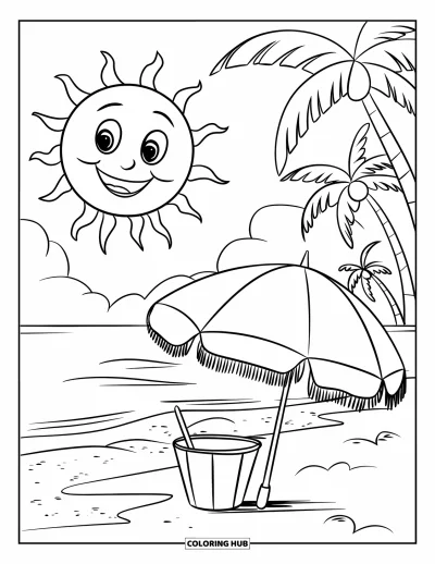 Coloriage de plages estivale pour enfants : Un soleil souriant qui rayonne sur le sable, un parasol et un seau