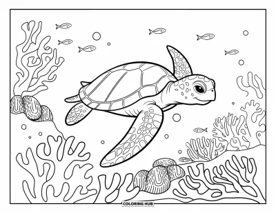 Coloriage de plages estivale pour enfants : Une tortue heureuse glissant à travers le récif corallien avec de petits poissons