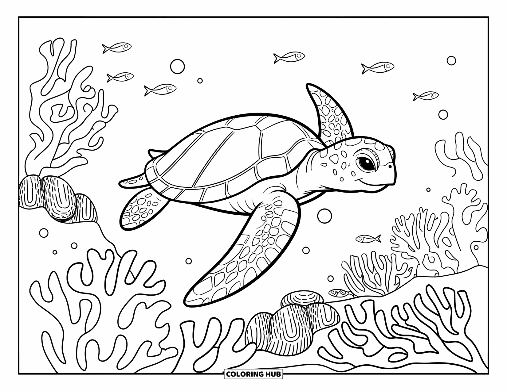 Beach Summer Coloring Page for Kids: A happy turtle gliding through the coral reef with little fish nearby