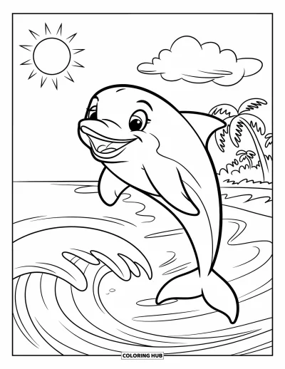 Coloriage de plages estivale pour enfants : Un dauphin espiègle s'élançant au-dessus des vagues estivales étincelantes