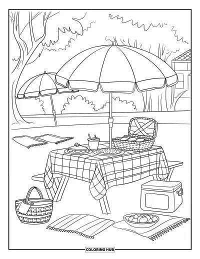 Coloriage de plages estivale pour enfants : Un joyeux pique-nique estival avec des paniers de fruits et des parasols