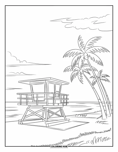 Coloriage de plages estivale pour enfants : Une tour de surveillance au bord de l'eau avec de grands palmiers qui se balancent