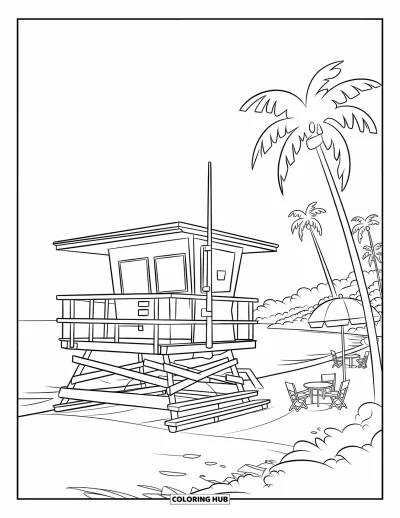 Coloriage de plages estivale pour enfants : Une tour de surveillance près du rivage avec des chaises et des parasols