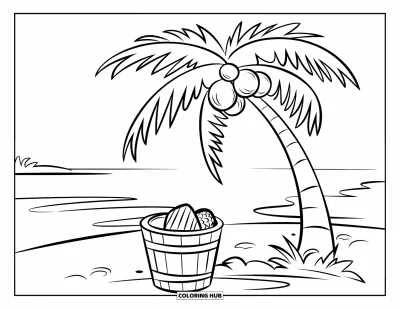 Coloriage de plages estivale pour enfants : Un palmier ombrant un seau de sable rempli de coquillages