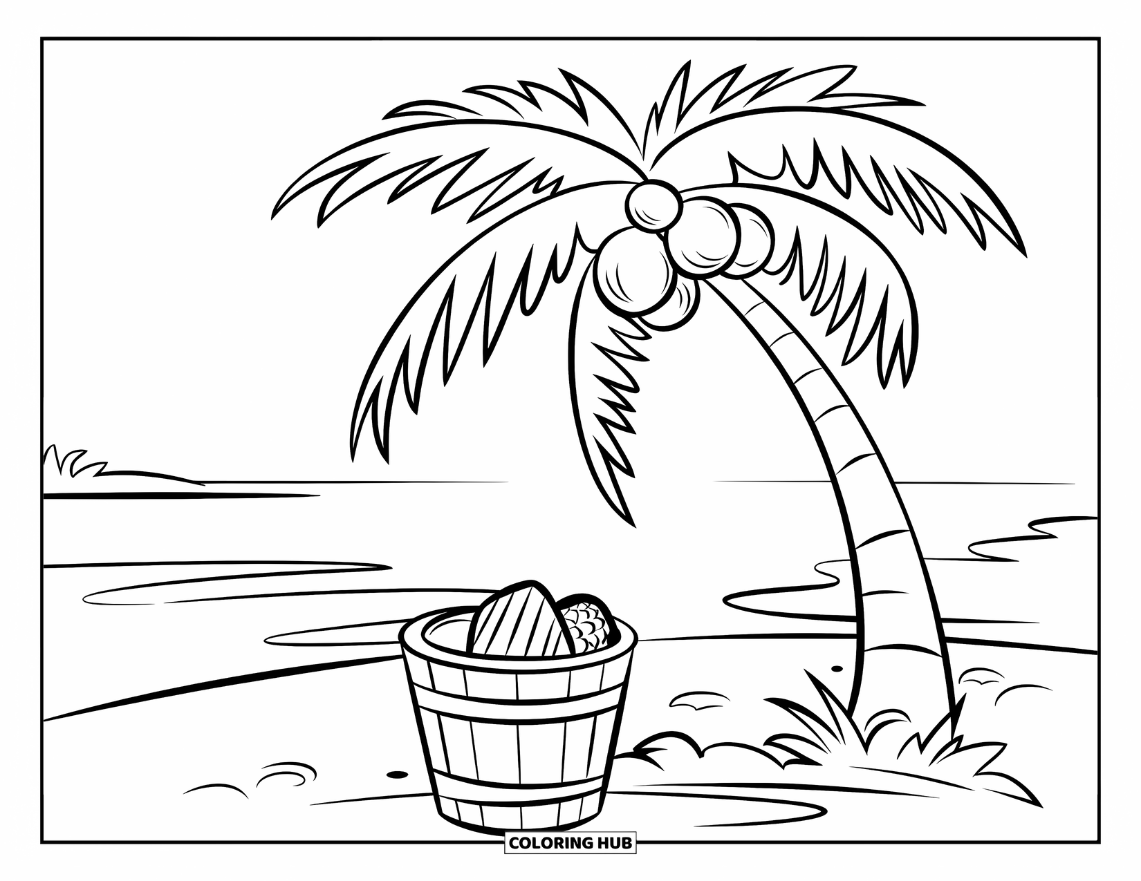 Beach Summer Coloring Page for Kids: A palm tree shading a sand bucket full of seashells