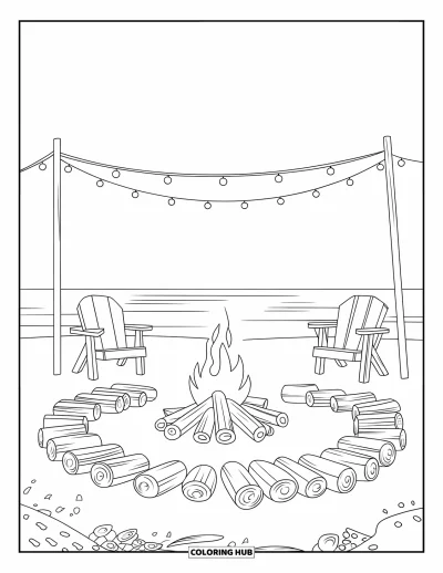 Coloriage de plages estivale pour enfants : Un feu de camp paisible sur la plages entouré de chaises et de douces vagues