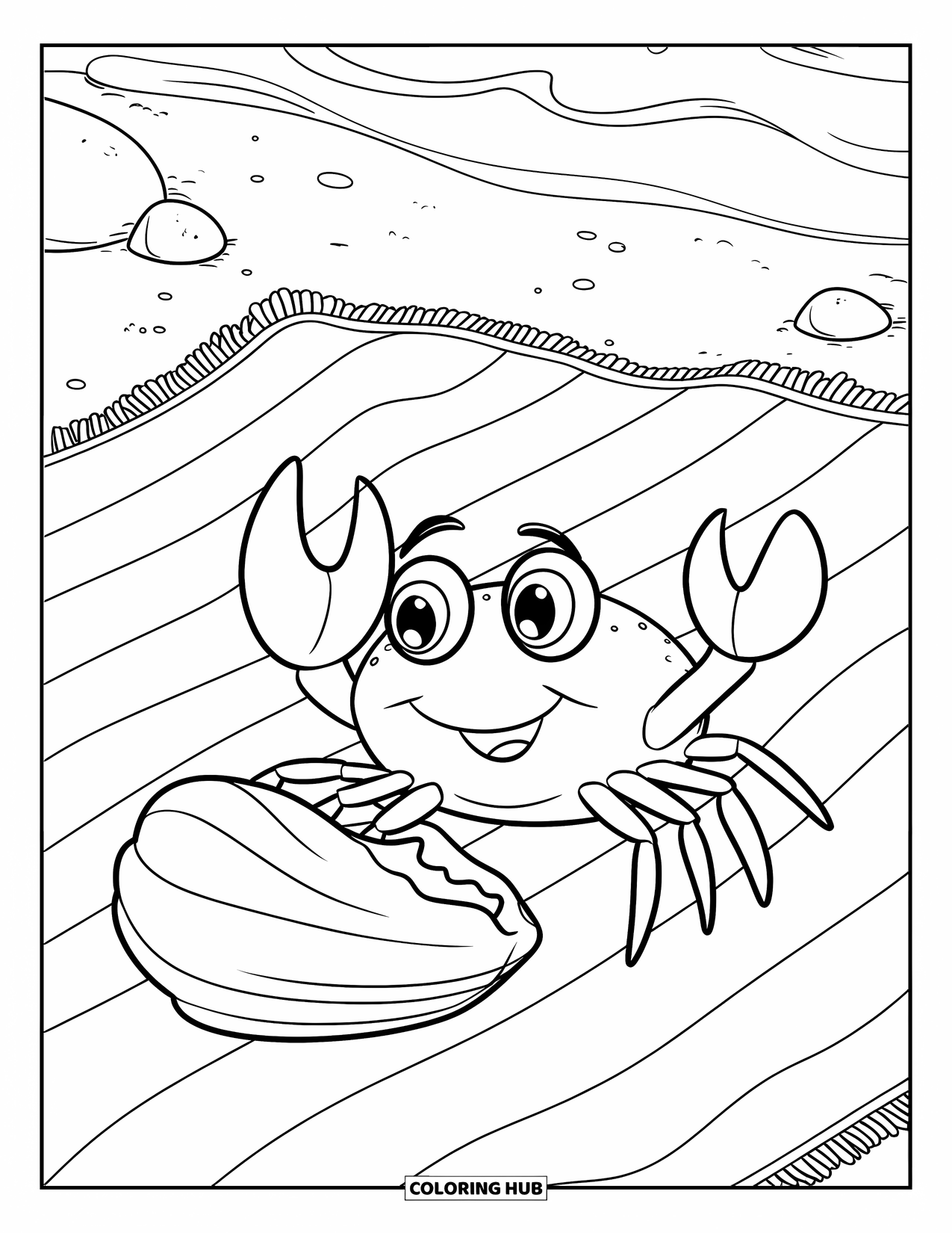 Beach Summer Coloring Page for Kids: A playful crab waving beside a heart-shaped shell on the sand