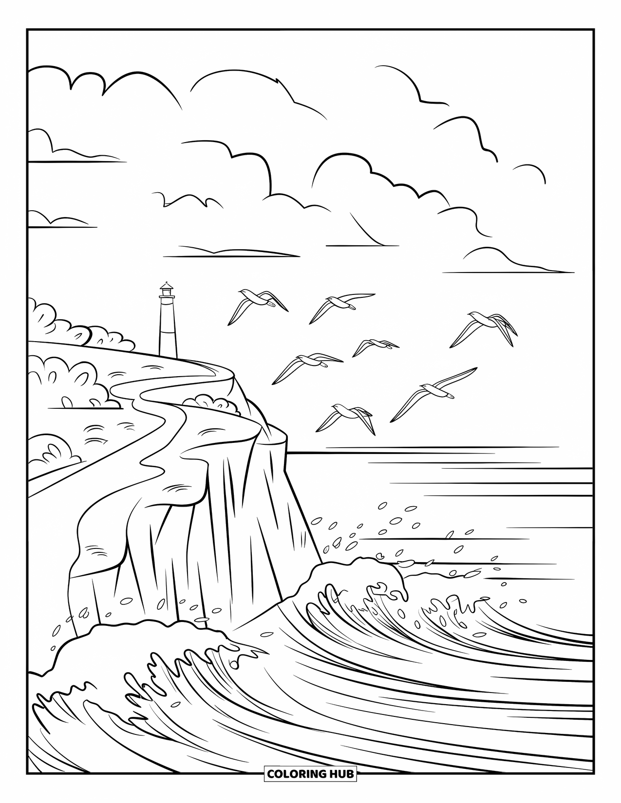 Beach Summer Coloring Page for Kids: A rocky cliffside with crashing waves and a tall lighthouse