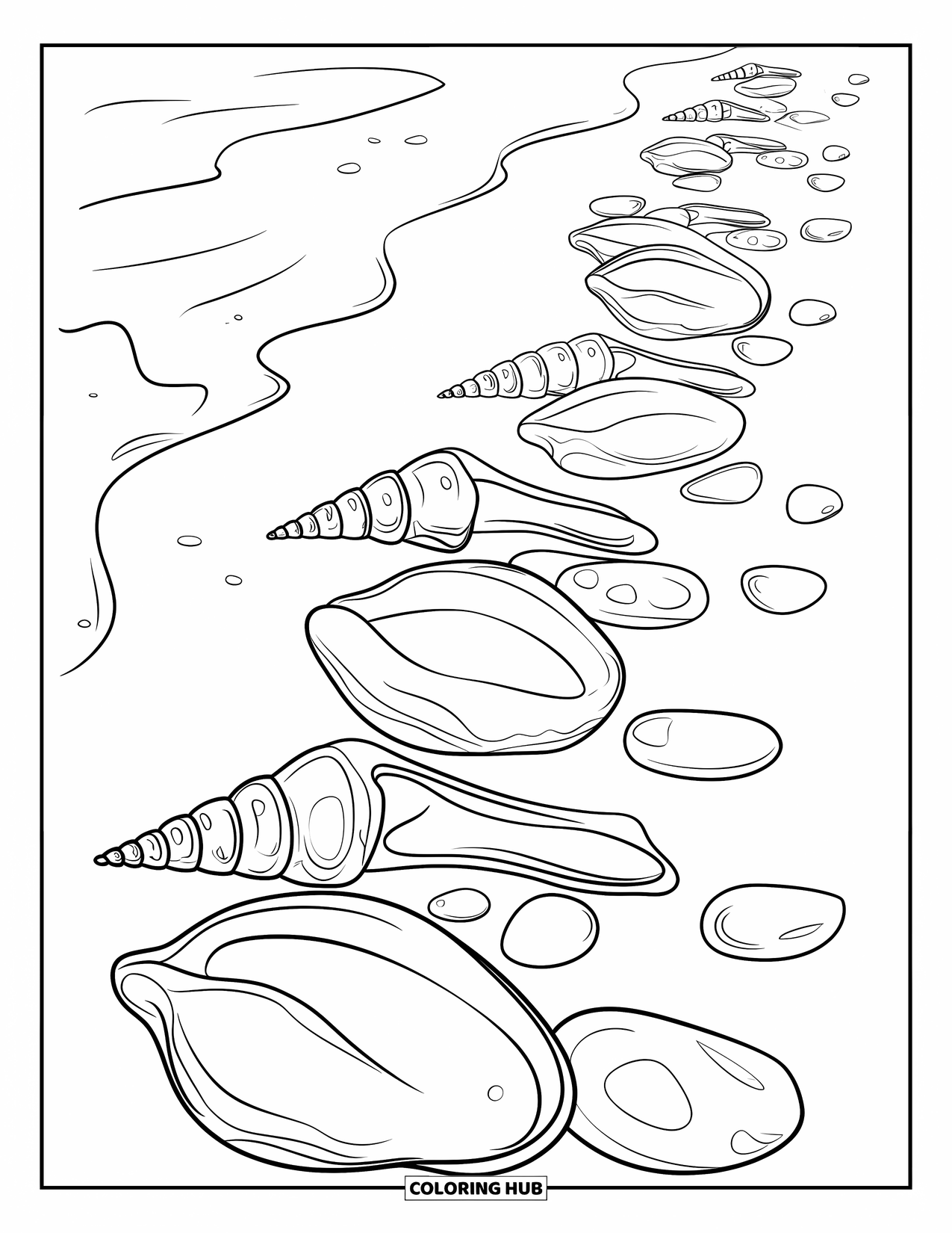 Beach Summer Coloring Page for Kids: A row of seashells and smooth pebbles on the sandy beach