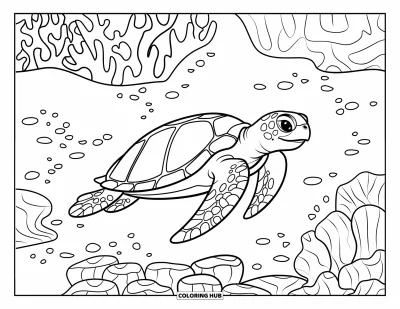 Coloriage de plages estivale pour enfants : Une tortue de mer nageant paisiblement parmi des récifs coralliens animés