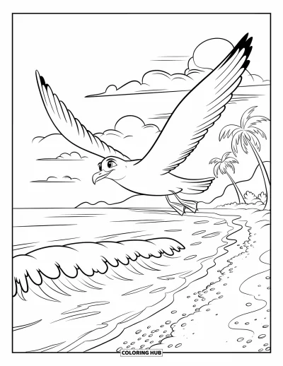 Coloriage de plages estivale pour enfants : Une mouette volant haut au-dessus des vagues et des palmiers