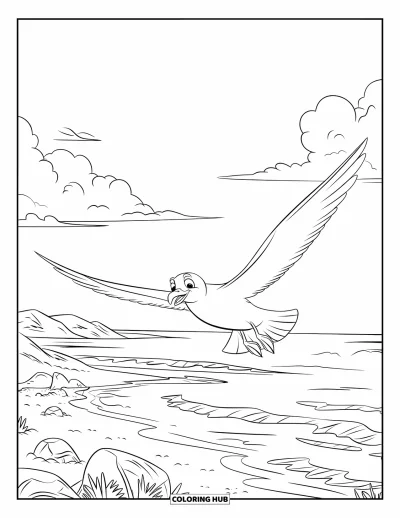 Coloriage de plages estivale pour enfants : Une mouette planant au-dessus de l'océan sous de gros nuages blancs et duveteux