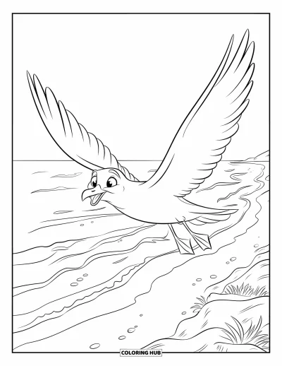 Coloriage de plages estivale pour enfants : Une mouette planant librement au-dessus des vagues scintillantes de l'océan