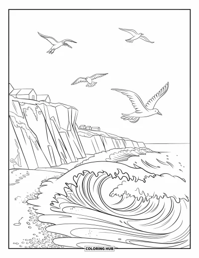 Coloriage de plages estivale pour enfants : Une falaise en bord de mer avec des vagues déferlantes et des oiseaux en vol
