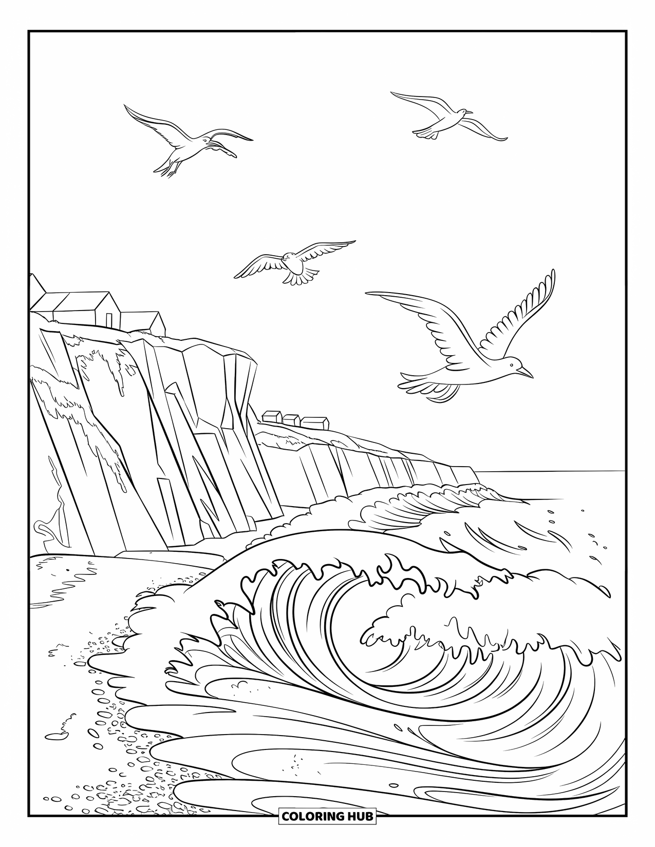 Beach Summer Coloring Page for Kids: A seaside cliff with crashing waves and birds flying overhead