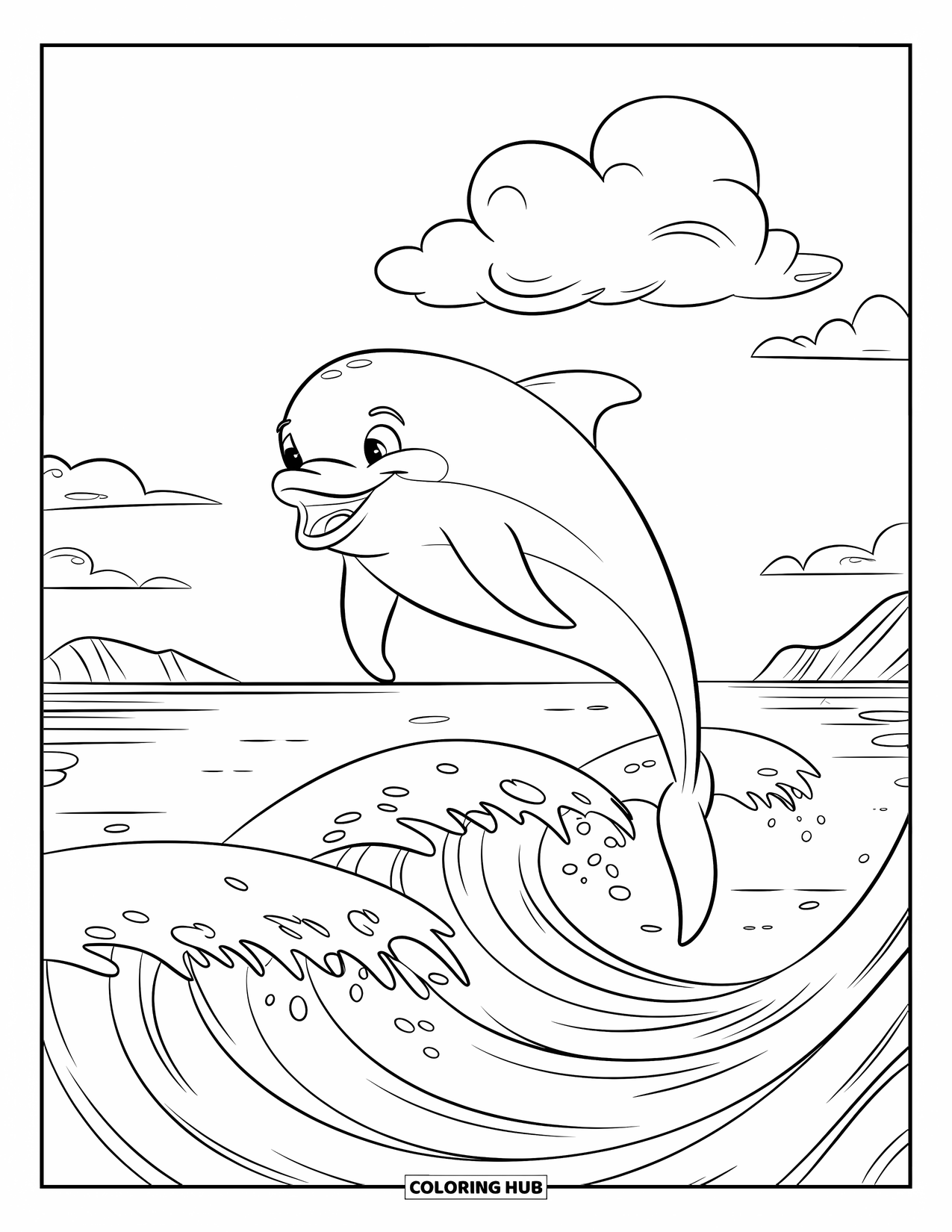 Beach Summer Coloring Page for Kids: A shiny dolphin leaping through foamy waves under a clear sky