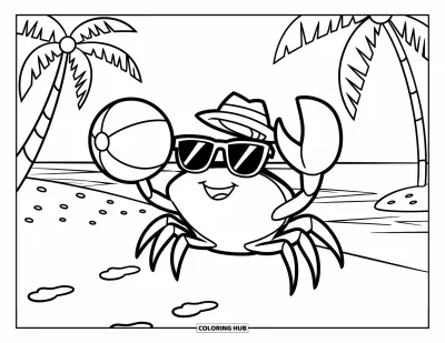 Coloriage de plages estivale pour enfants : Un crabe souriant tenant un ballon de plages sur le sable doré et chaud