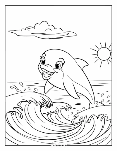 Coloriage de plages estivale pour enfants : Un dauphin souriant bondissant à travers les vagues sous un ciel ensoleillé