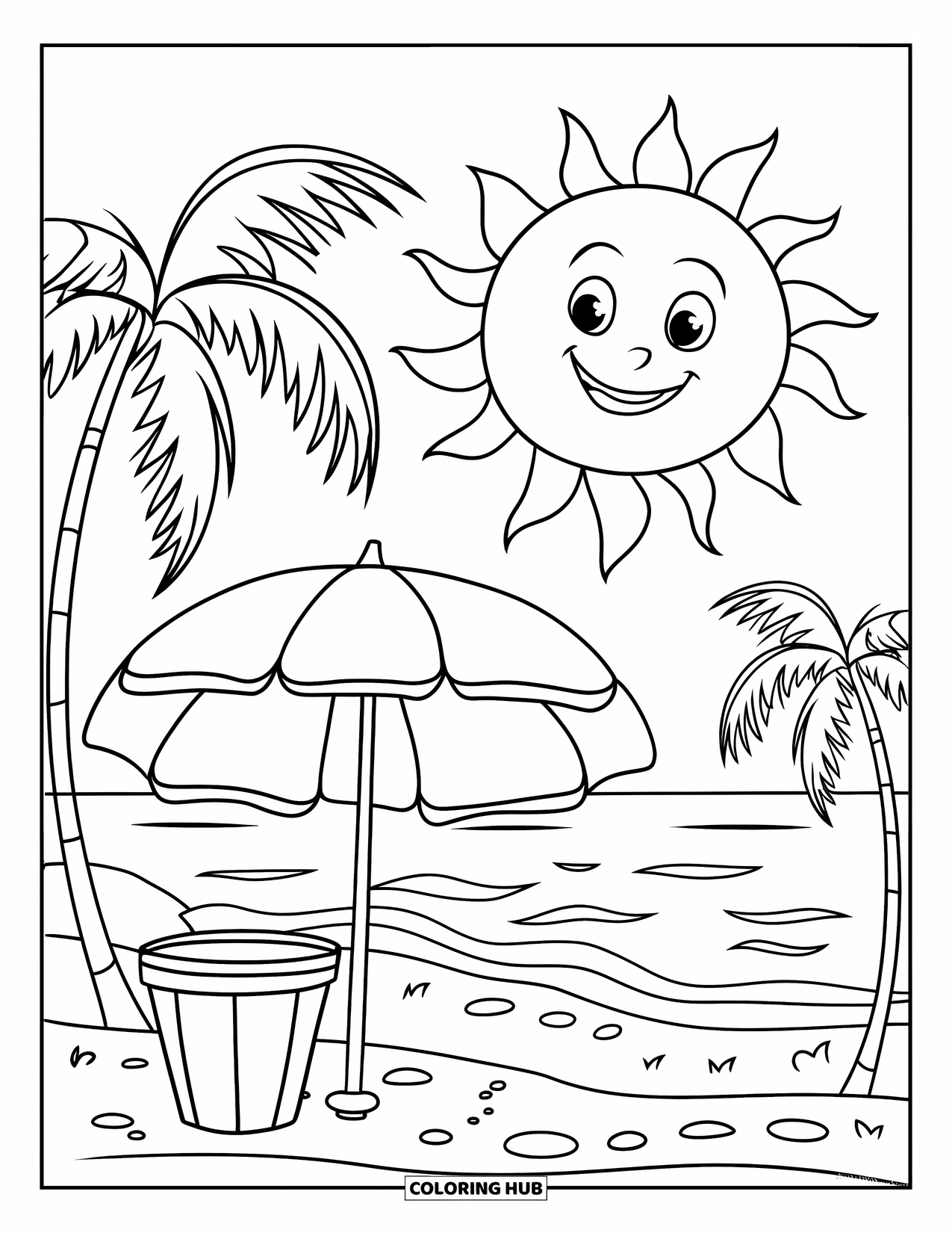 Beach Summer Coloring Page for Kids: A smiling sun shining over a beach with a big umbrella